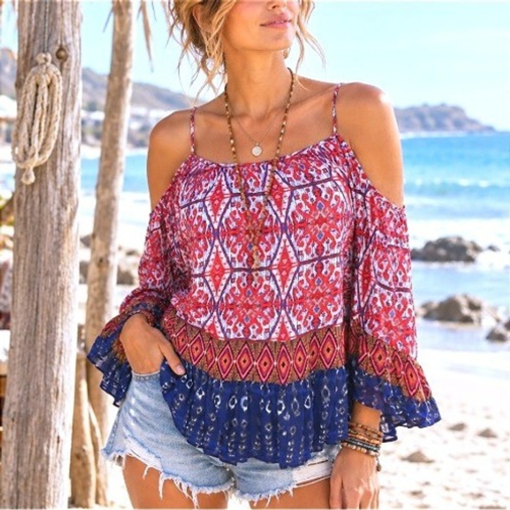 Beach Lunch Lounge Cold Shoulder Boho Festival Bell Sleeve Ruffle Blouse M